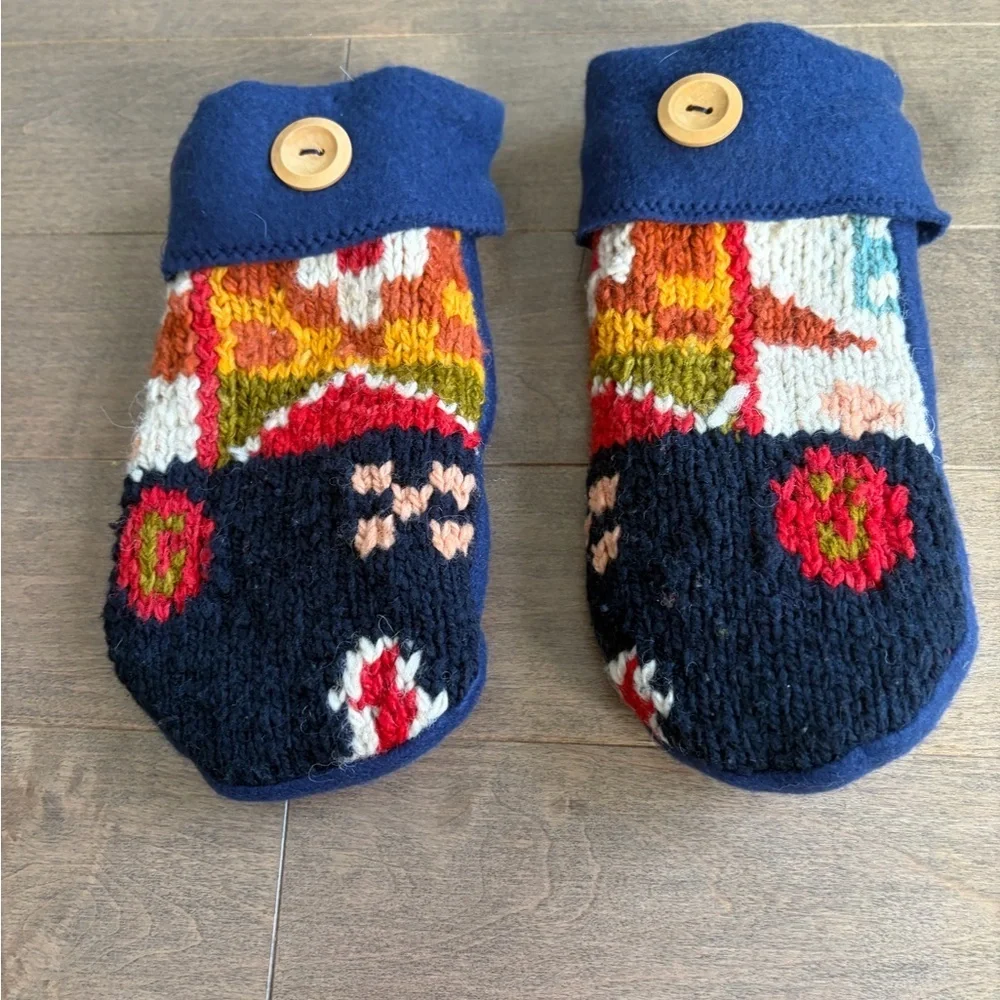 Colorful Handmade Knit Wool Mittens with Button Detail